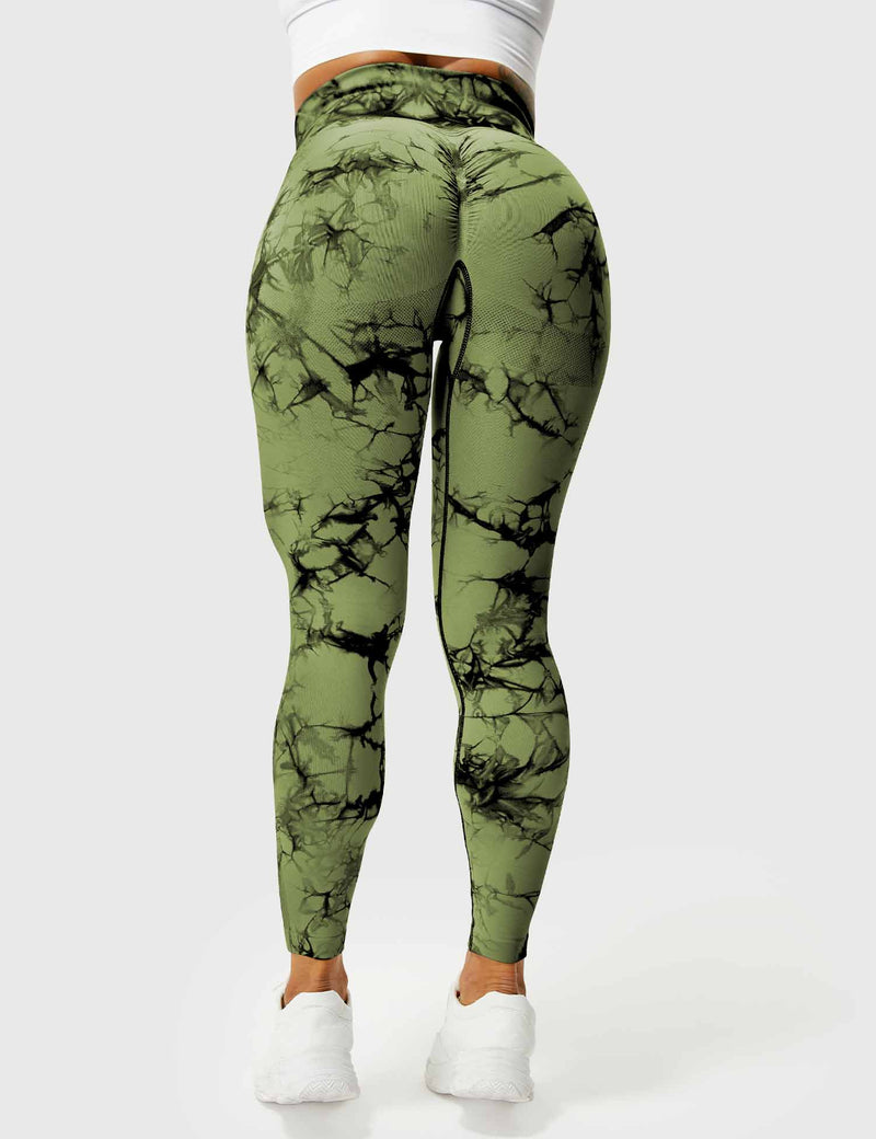Grüne Damen-Leggings mit Marmormuster, hoch tailliert, Sportbekleidung, Rückansicht.