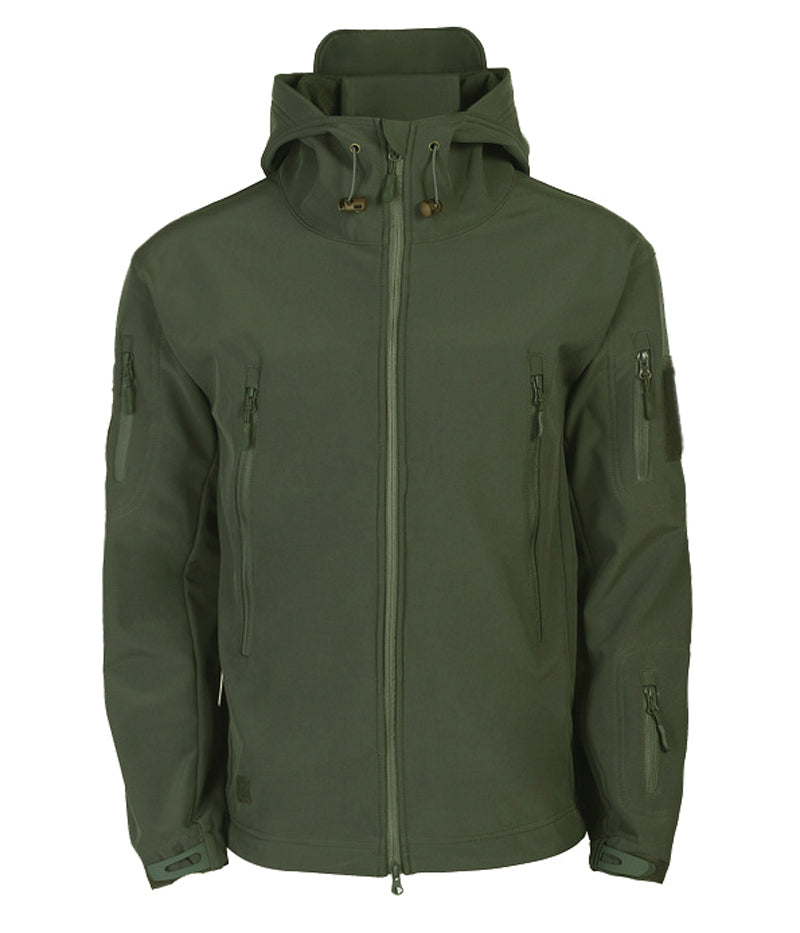 Grüne Softshell-Jacke mit Kapuze, Reißverschlusstaschen, Outdoor-Bekleidung, Herrenmode.