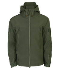 Grüne Softshell-Jacke mit Kapuze, Reißverschlusstaschen, Outdoor-Bekleidung, Herrenmode.