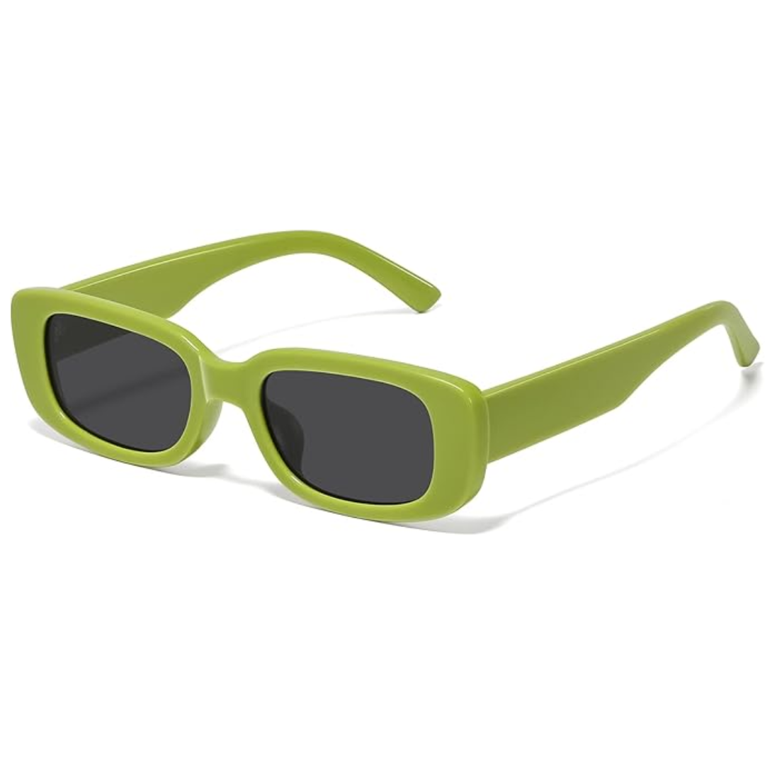 Grüne rechteckige Sonnenbrille, Kunststoffrahmen, modisches Accessoire, UV-Schutz.