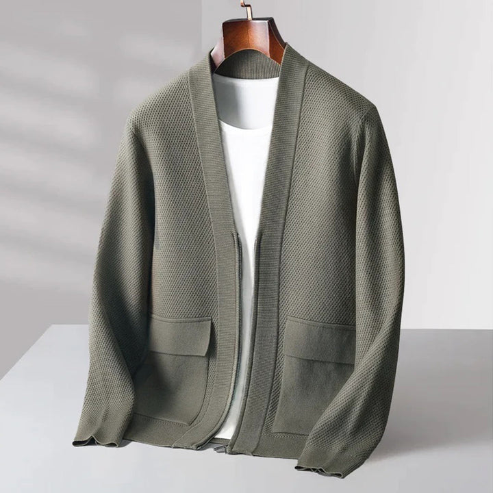 Grüne Strickjacke Herren, Baumwolle, lässig, offener Stil, mit Taschen, modisch, bequem.