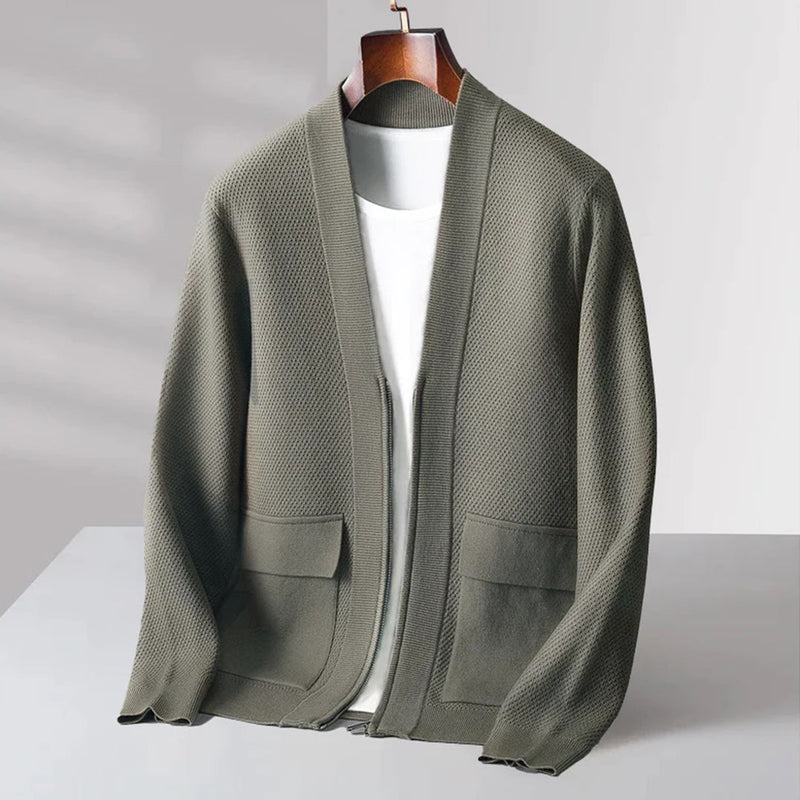 Grüne Strickjacke Herren, Baumwolle, lässig, offener Stil, mit Taschen, modisch, bequem.