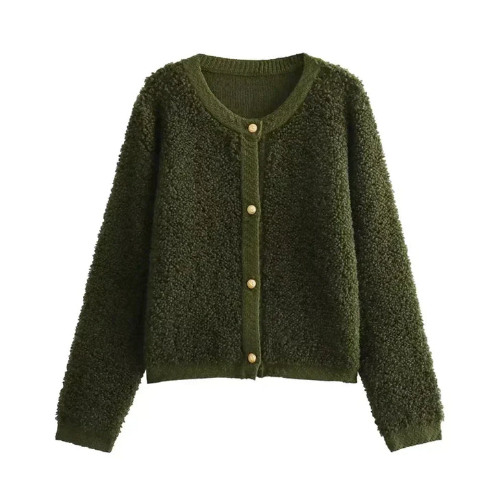 Grüne Damen-Strickjacke aus Fleece mit Knöpfen, gemütlich und modisch, Herbstmode.