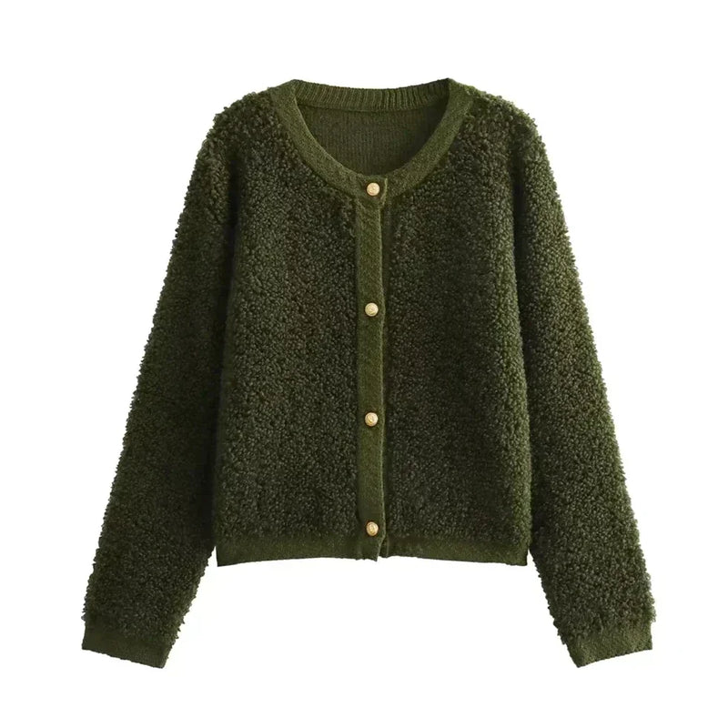 Grüne Damen-Strickjacke aus Fleece mit Knöpfen, gemütlich und modisch, Herbstmode.