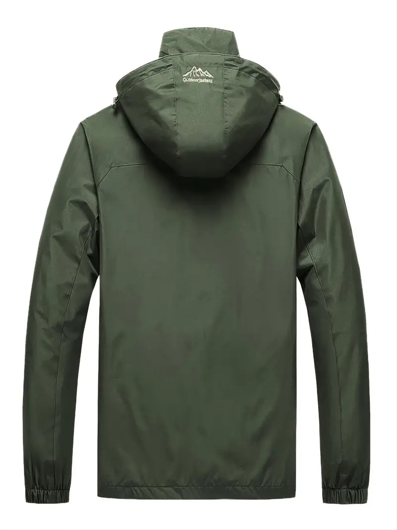Grüne Outdoor-Jacke mit Kapuze, wasserabweisend, für Herren, ideal für Wandern und Trekking.