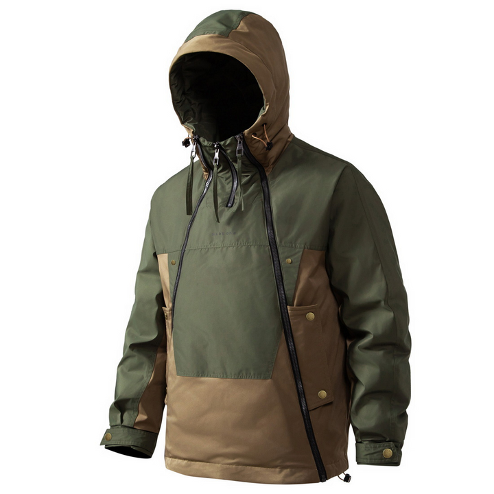 Grüne und braune Outdoor-Jacke mit Kapuze, wasserabweisend, für Herren.