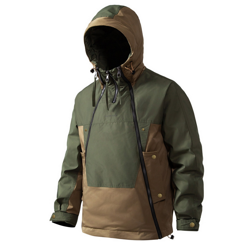 Grüne und braune Outdoor-Jacke mit Kapuze, wasserabweisend, für Herren.