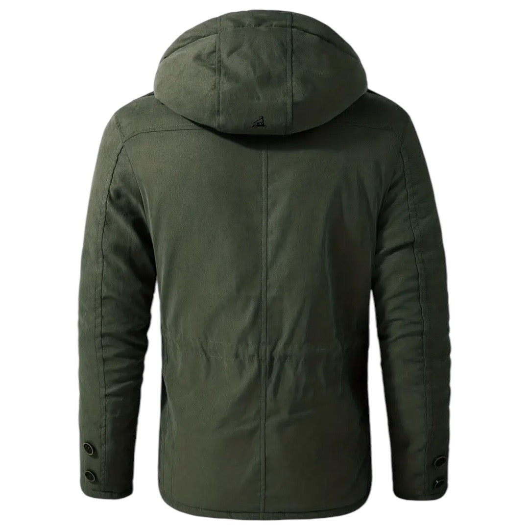 Grüne Herrenjacke mit Kapuze, Wintermantel, Baumwolle, Outdoor-Bekleidung, Rückansicht.
