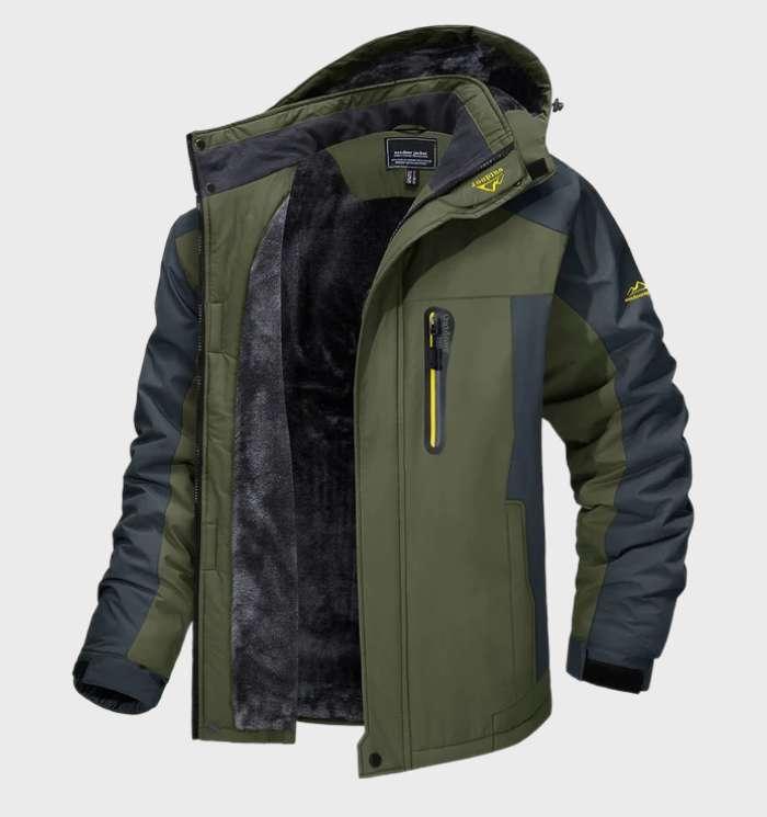 Grüne Herren-Winterjacke, wasserdicht, mit Kapuze und Reißverschlusstasche, Outdoor-Bekleidung.