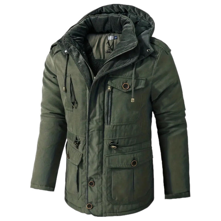 Grüne Herren-Winterjacke mit Kapuze, warm gefüttert, Outdoor, modisch, robust.