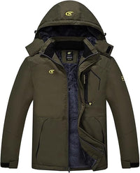 Grüne Herren-Winterjacke mit Kapuze, wasserdicht, warm gefüttert, Outdoor-Bekleidung.