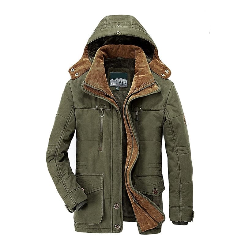 Grüne Herrenjacke mit Kapuze, Wintermantel, warm gefüttert, Outdoor-Bekleidung.