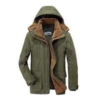 Grüne Herrenjacke mit Kapuze, Wintermantel, warm gefüttert, Outdoor-Bekleidung.