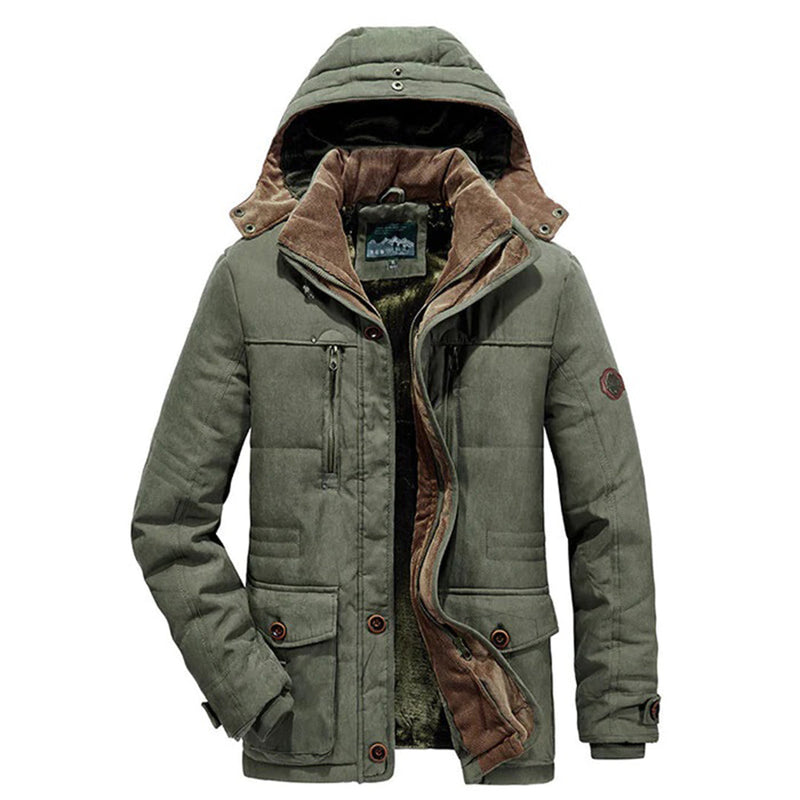 Grüne Winterjacke mit Kapuze, Herren, warm gefüttert, Outdoor, wasserabweisend.