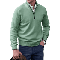 Grüner Herrenpullover mit Reißverschluss, Baumwolle, Freizeitmode, eleganter Look, Herbstbekleidung.