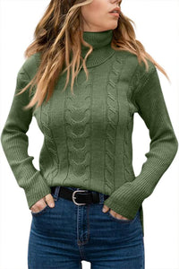 Grüner Rollkragenpullover Damen, Zopfmuster, Strick, warm, modisch, Herbstmode, Freizeitkleidung.