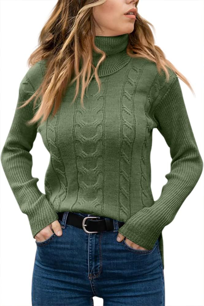 Grüner Rollkragenpullover Damen, Zopfmuster, Strick, warm, modisch, Herbstmode, Freizeitkleidung.