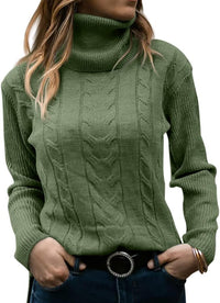 Grüner Rollkragenpullover Damen, Zopfmuster, Strick, warm, modisch, Herbstmode.