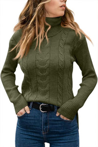 Damen Rollkragenpullover, grün, Zopfmuster, Strick, warm, modisch, Herbstmode, Freizeitlook.