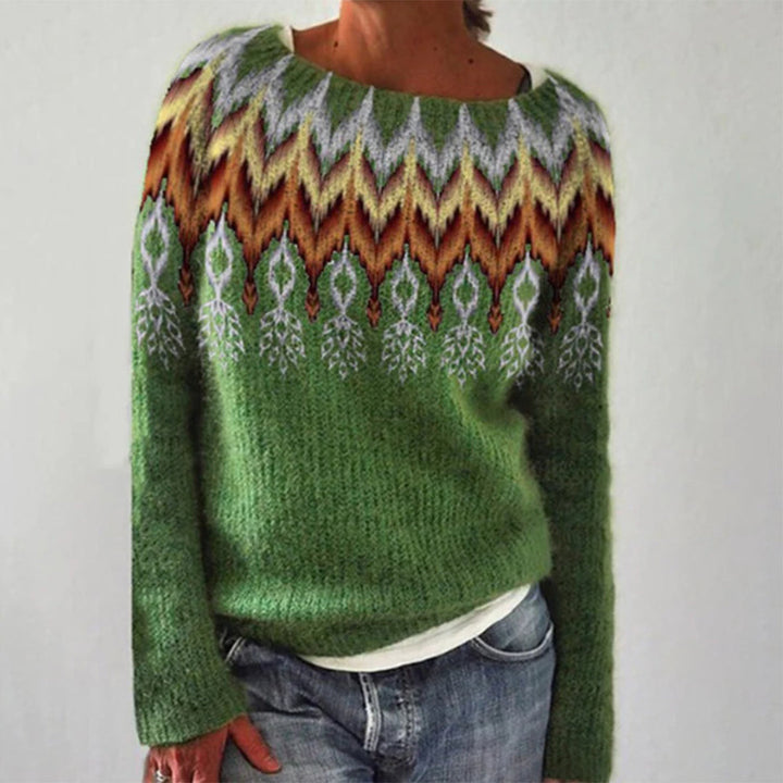 Grüner Damenpullover mit buntem Strickmuster, lässig, warm, modisch, Herbstkleidung.