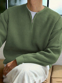 Grüner Strickpullover mit Reißverschluss, Herrenmode, lässig, bequem, Baumwolle, Herbstkleidung.