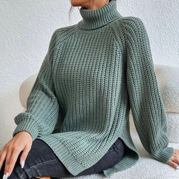 Grüner Strickpullover Damen, Rollkragen, grobmaschig, gemütlich, modisch, Herbstmode.