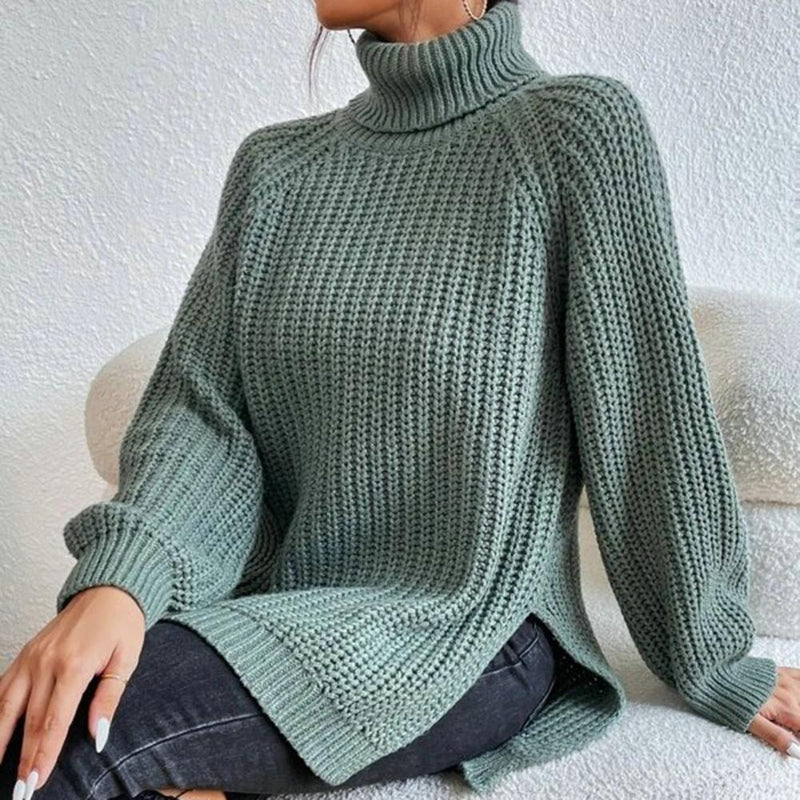Grüner Strickpullover Damen, Rollkragen, grobmaschig, gemütlich, modisch, Herbstmode.
