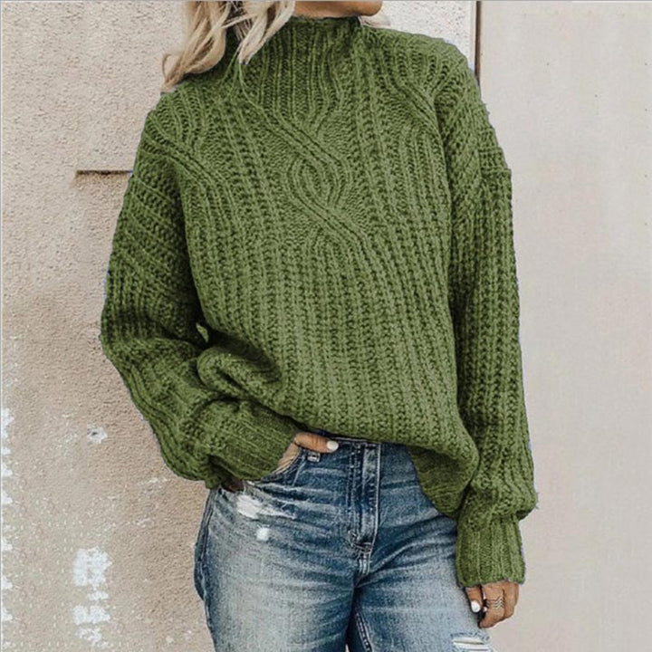 Grüner Strickpullover Damen, Rollkragen, Zopfmuster, lässig, warm, Herbstmode, Streetwear.