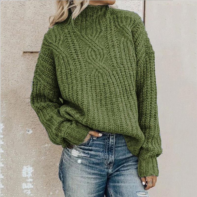 Grüner Strickpullover Damen, Rollkragen, Zopfmuster, lässig, warm, Herbstmode, Streetwear.