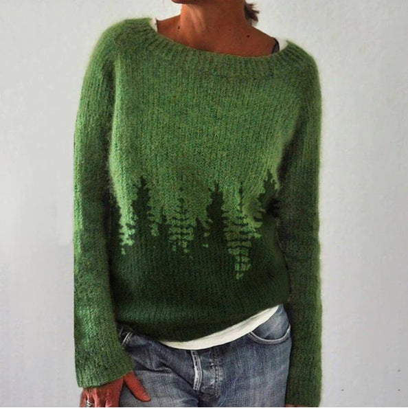Grüner Damenpullover mit Waldmotiv, Strick, lässig, Herbstmode, gemütlich, Baumwolle.