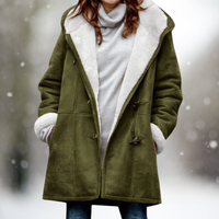 Grüne Damen-Winterjacke mit Kapuze, Lammfellfutter, warm, modisch, Outdoor-Bekleidung.