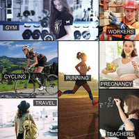 Collage mit Themen: Fitness, Arbeit, Radfahren, Laufen, Schwangerschaft, Reisen, Lehren.