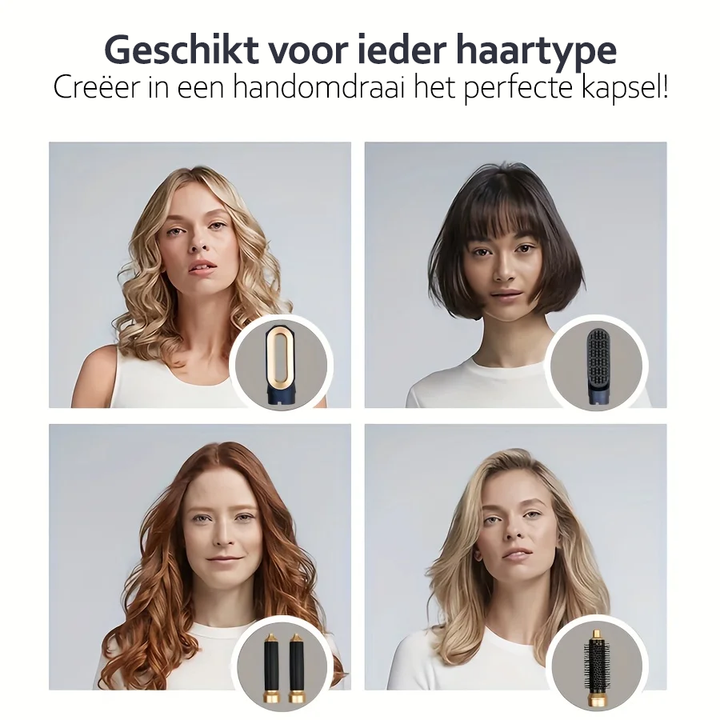 Vier Frauen mit verschiedenen Frisuren, Haartypen, Lockenstab, Glätteisen, Haarstyling-Tools.