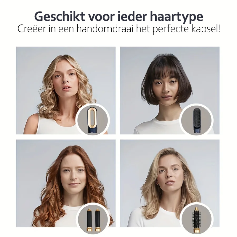 Vier Frauen mit verschiedenen Frisuren, Haartypen, Lockenstab, Glätteisen, Haarstyling-Tools.