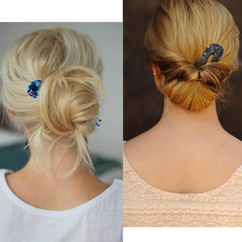 Blonde Frau mit Dutt, Haarklammer, blaues und schwarzes Design, eleganter Haarstil.
