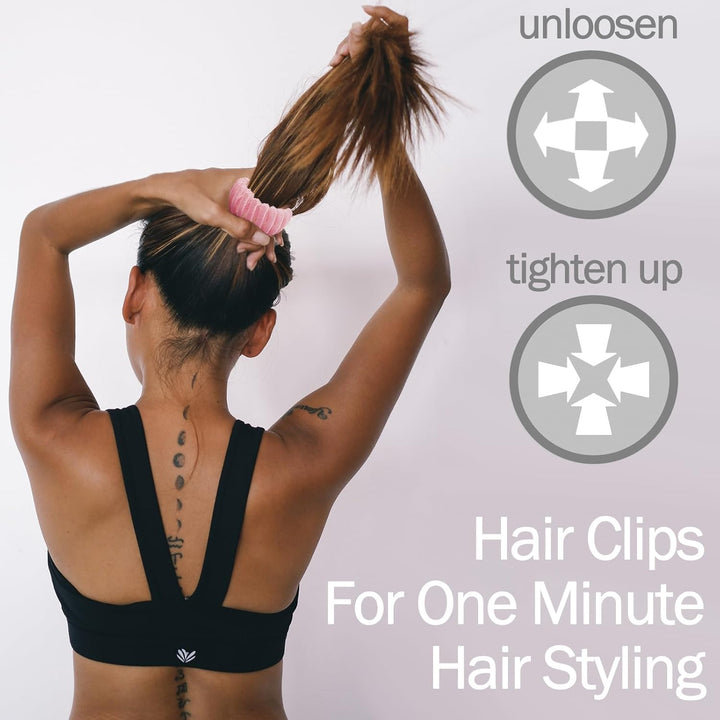 Frau mit rosa Haarklammer, Pferdeschwanz, schwarzes Sporttop, Haarstyling-Anleitung.