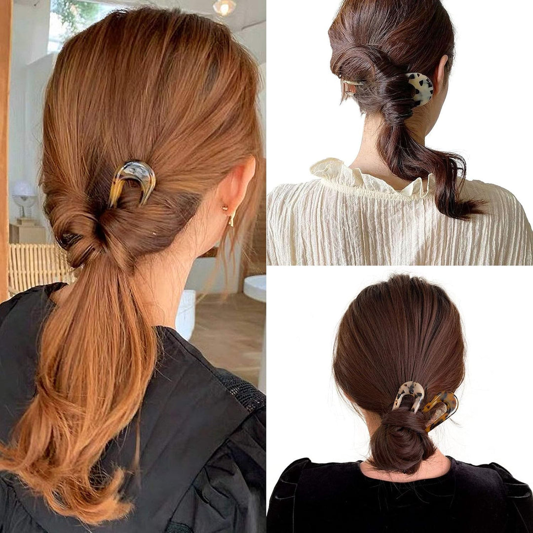 Damenfrisur mit Haarklammer, braunes Haar, Schildpatt-Design, eleganter Look, Haaraccessoire.