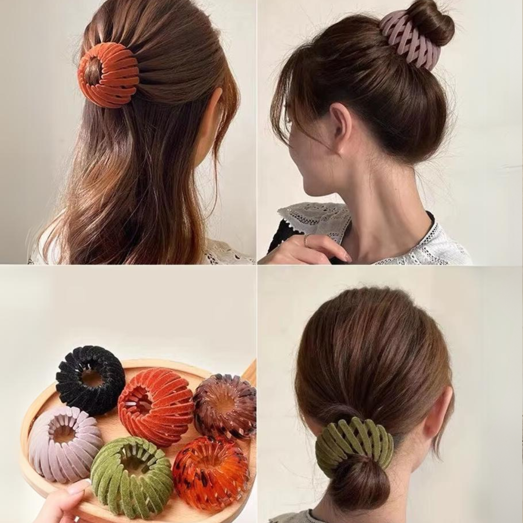 Frau mit Haarspange aus Kunststoff in verschiedenen Farben, ideal für Hochsteckfrisuren.