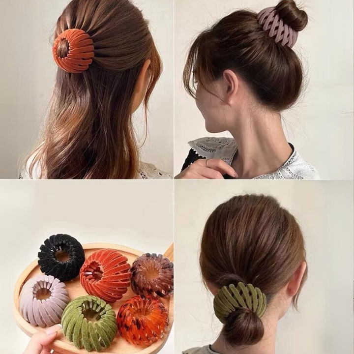 Frau mit Haarspange aus Kunststoff in verschiedenen Farben, ideal für Hochsteckfrisuren.