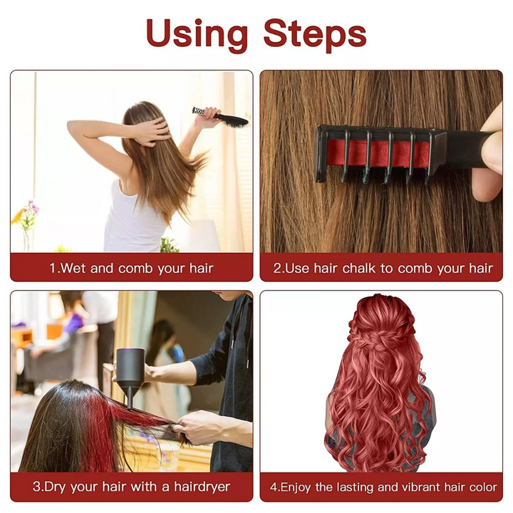 Anleitung zur Anwendung von Haarfarbe Kreide, Schritt-für-Schritt, für lebendige Haarfarben.