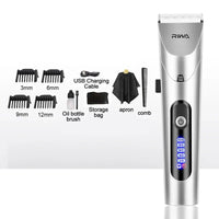 Elektrischer Haarschneider silber, LED-Display, Zubehör: Kämme, USB-Kabel, Schere, Tasche.