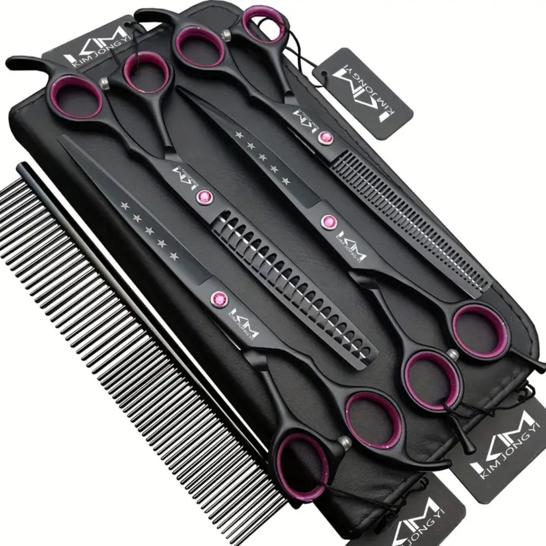 Professionelle schwarze Friseurscheren-Set mit Kamm, Haarschneidewerkzeug, lila Details.