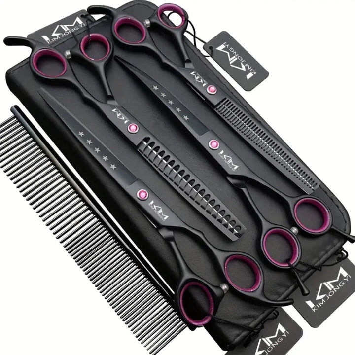 Professionelle schwarze Friseurscheren-Set mit Kamm, Haarschneidewerkzeug, lila Details.