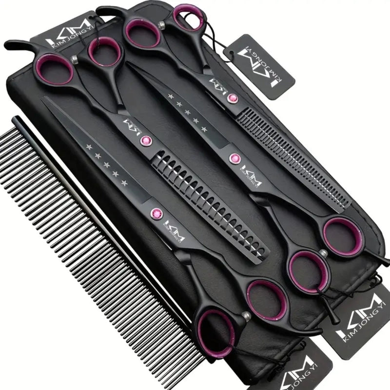 Professionelle schwarze Friseurscheren-Set mit Kamm, Haarschneidewerkzeug, lila Details.