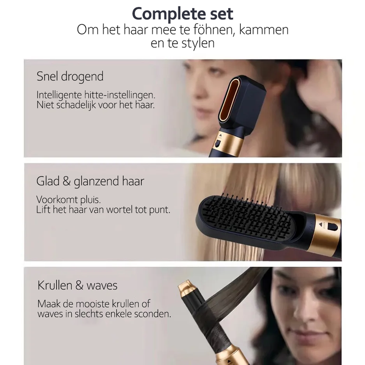 Föhn-Set mit Bürste, schwarz-gold, schnelles Trocknen, glattes Haar, Lockenstyling, 3-in-1.