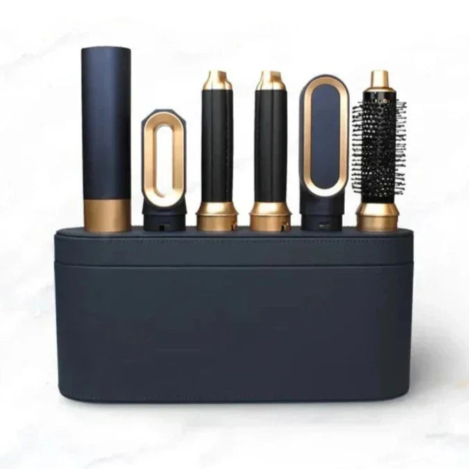 Schwarzer und goldener Haarstyler-Set mit Aufsätzen, ideal für Locken und Glätten.