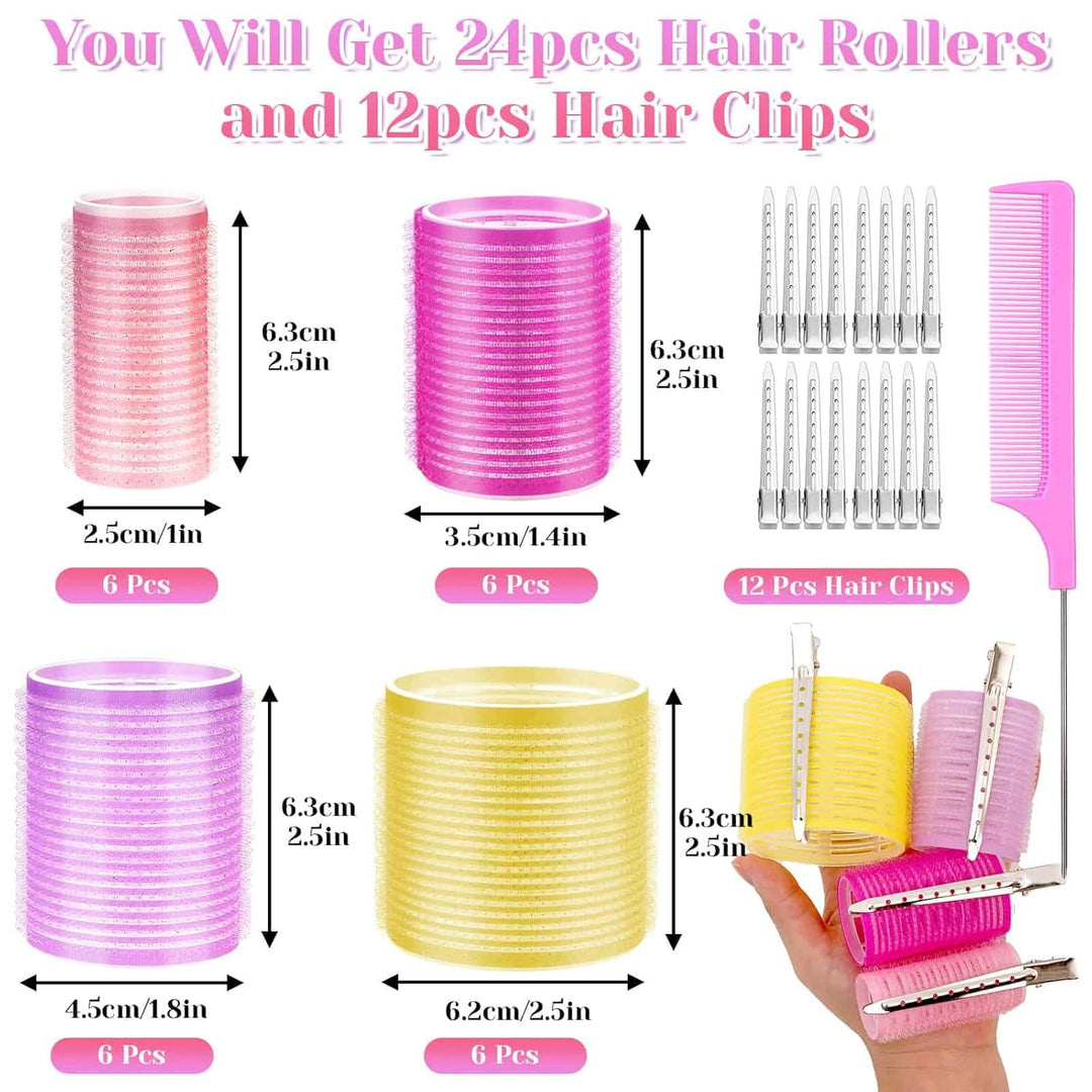 24 Stück Haarwickler und 12 Haarclips Set, rosa und gelb, verschiedene Größen, Stylingzubehör.
