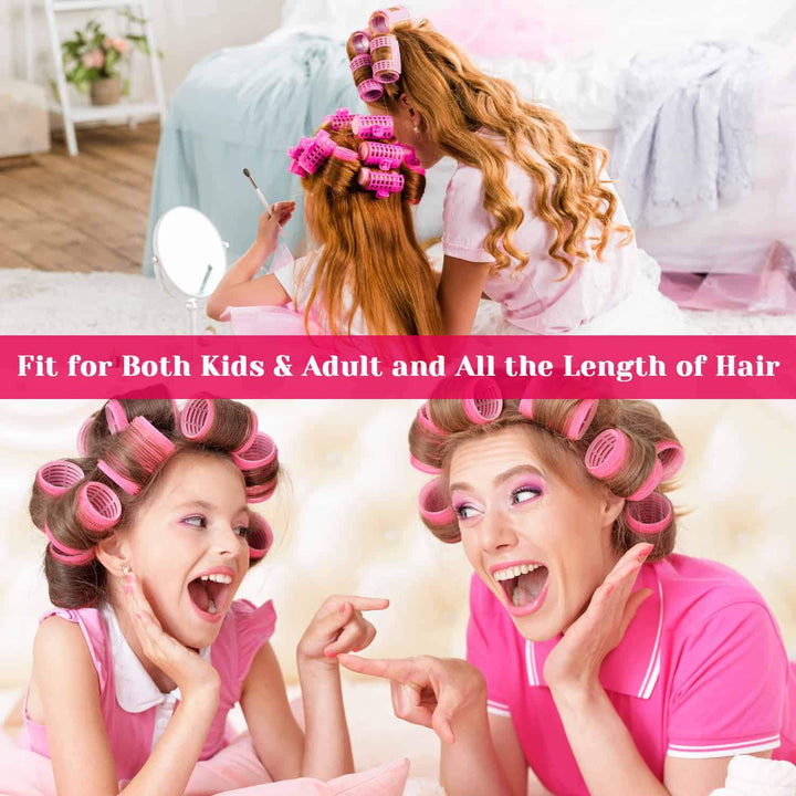 Mutter und Tochter mit rosa Lockenwicklern, fröhlich, Haarstyling zu Hause.