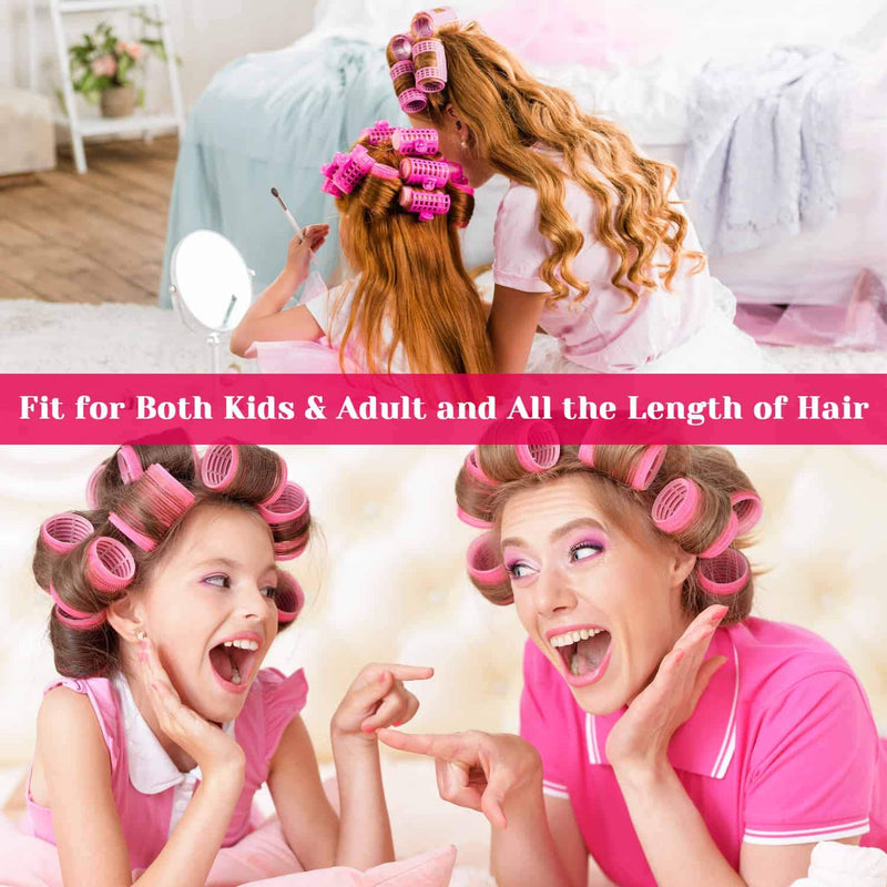 Mutter und Tochter mit rosa Lockenwicklern, fröhlich, Haarstyling zu Hause.