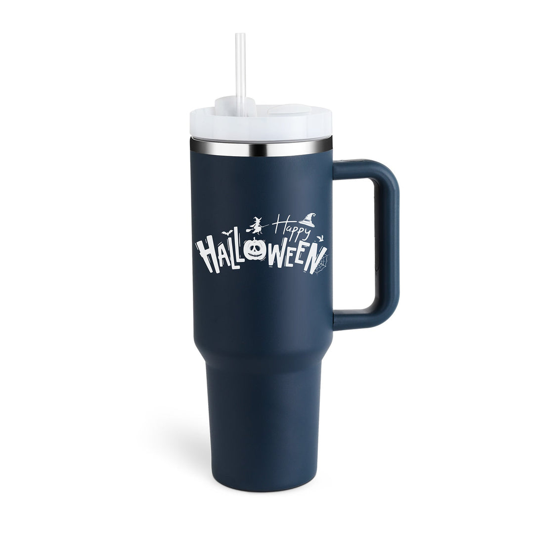 Dunkelblauer Halloween-Thermobecher mit Strohhalm, 40 oz, Edelstahl, isoliert, mit Griff.